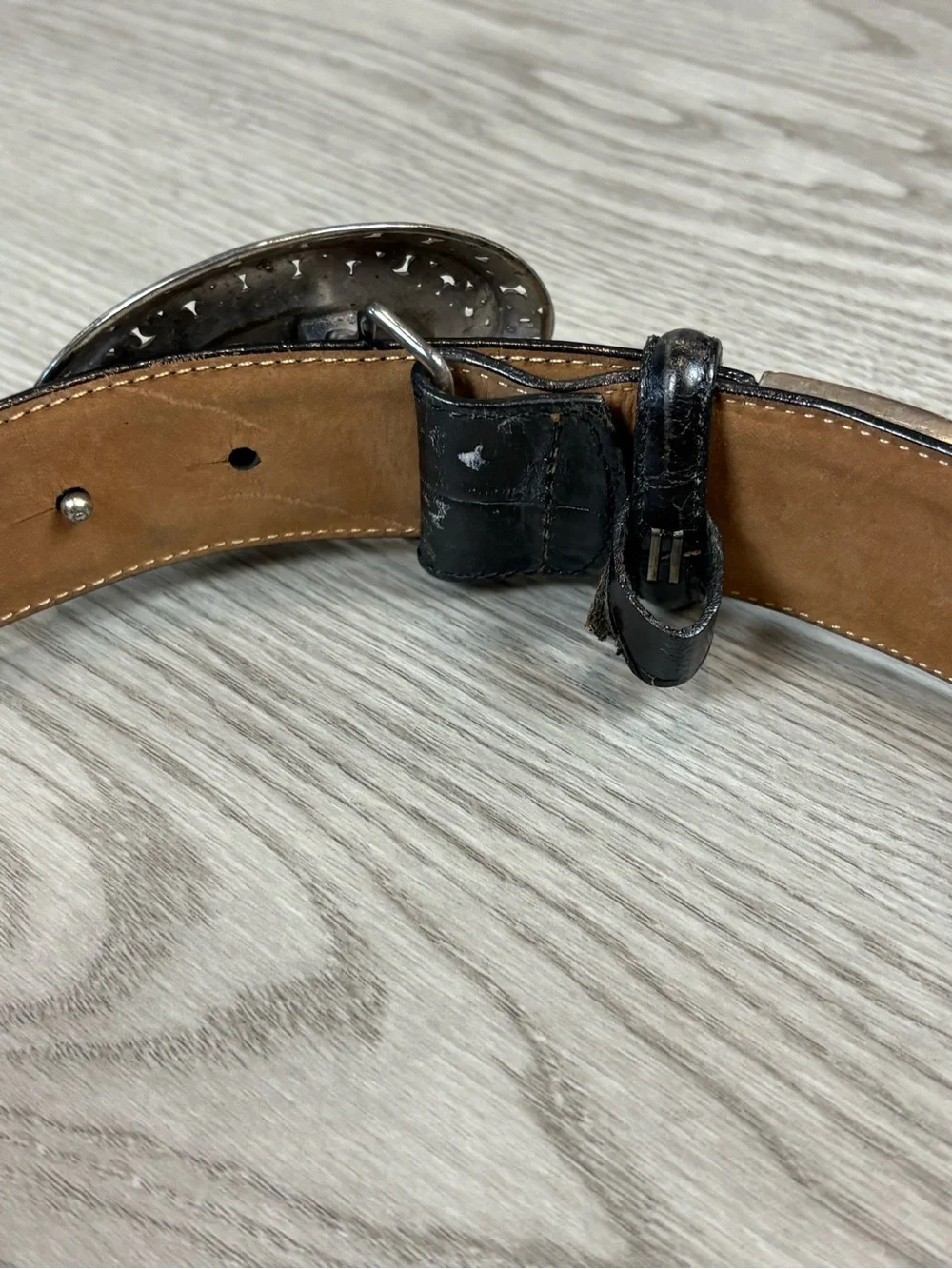 Brighton Black Leather Belt with Ornate Silver Oval Buckle